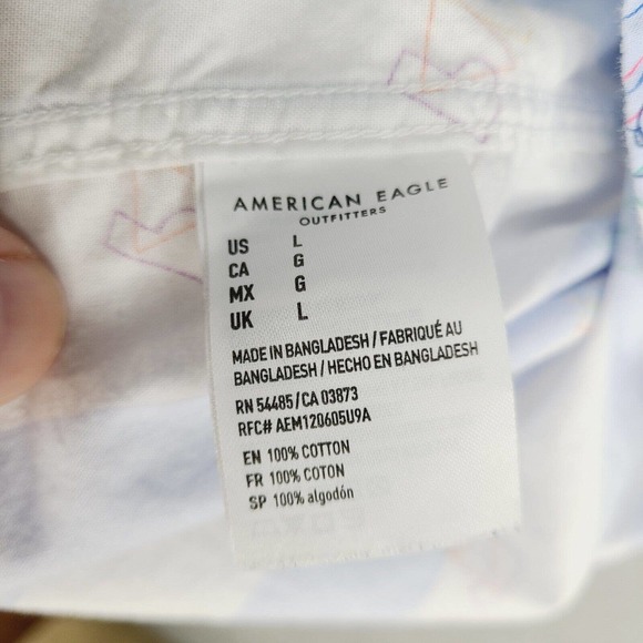 American Eagle Shirt Men's Large White Blue Striped Paradise Colorful Button Up - Picture 6 of 11